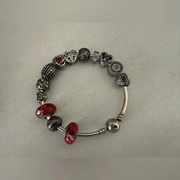 Pandora Bangle Bracelet w/ 13 Charms S925 - ALE - 925 Sterling Silver 8 inches - Picture 3 of 5